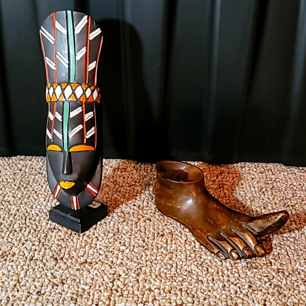 Lot of 2 Solid wood mask and sculpture From Africa Both are handcarved Like new